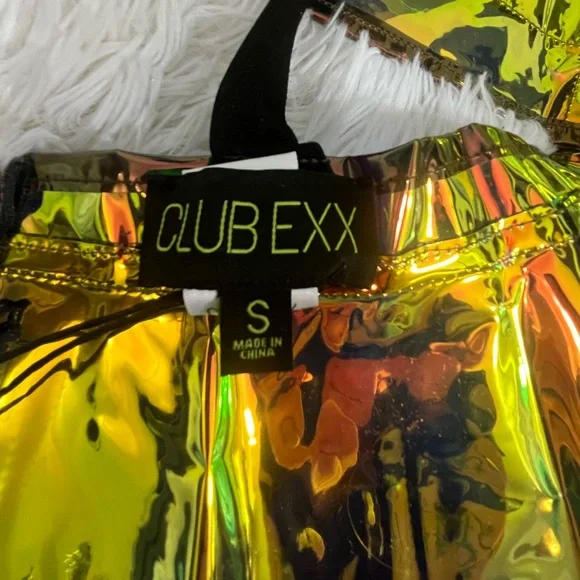 CLUB EXX Techno Gurl Hologram Vinyl Pinafore Overall Dress Metallic Blue Copper - Picture 9 of 12